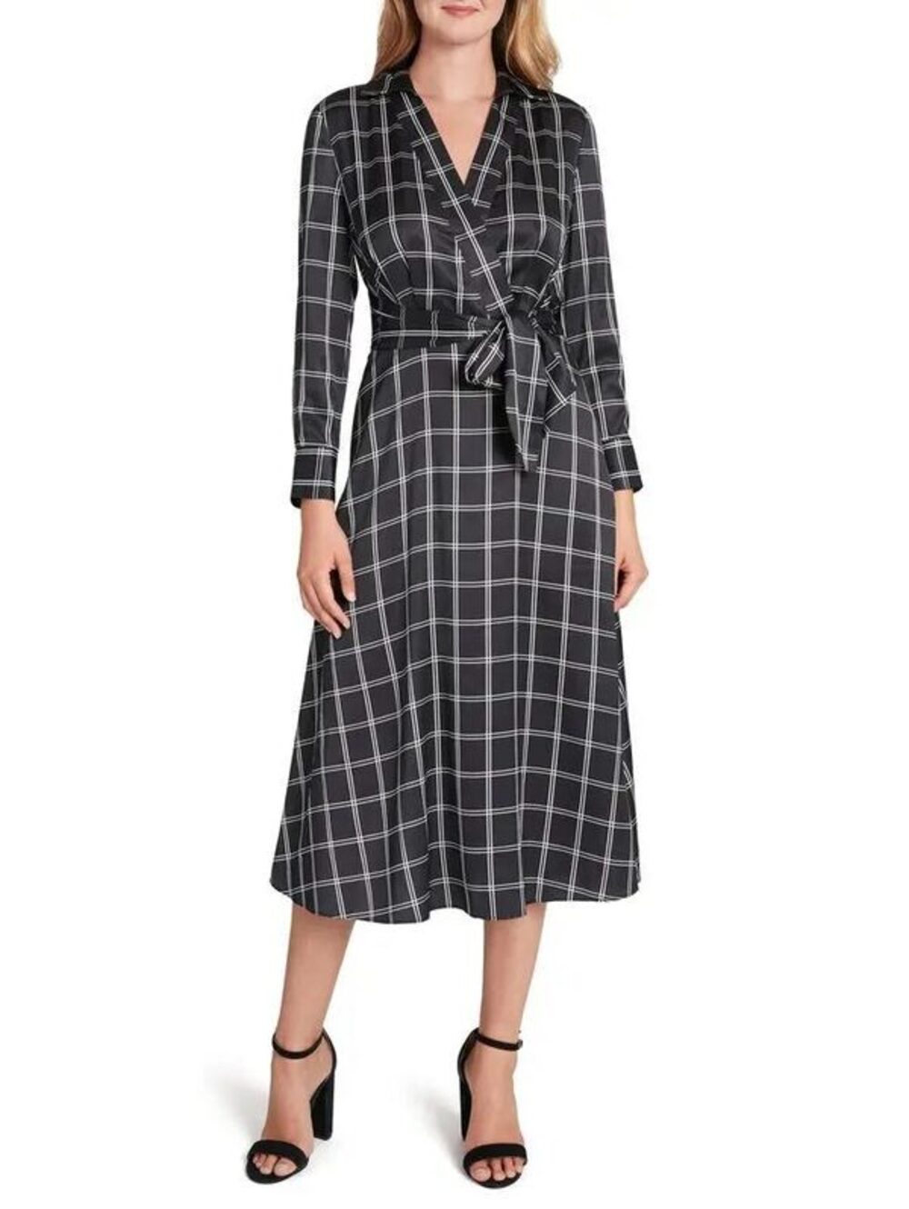 Tahari Black White Windowpane Plaid Wrap Midi Dress Size 8 Long Sleeve Classic